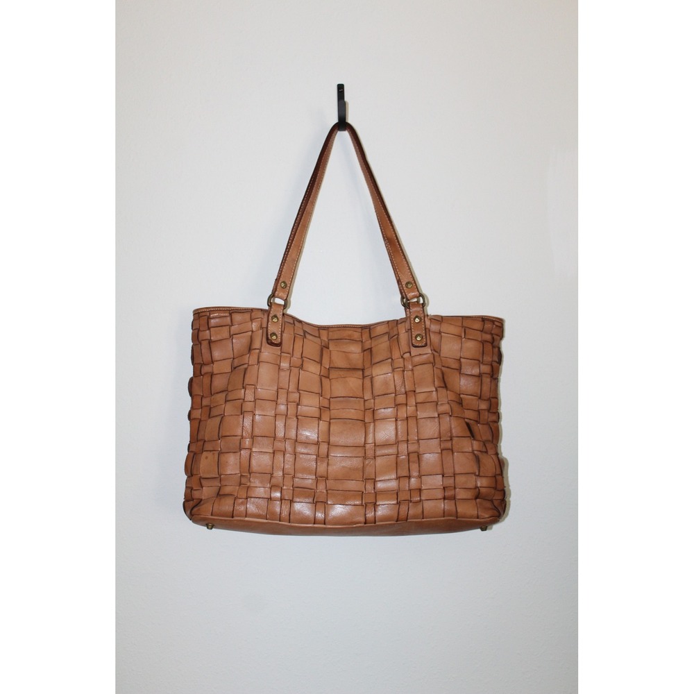 Costanza Rota Italian Leather Woven Tote Bag Tan Cognac Made in Italy Checker